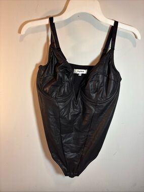 Popilush Black Faux Leather Shaping Bodysuit with underwire 492